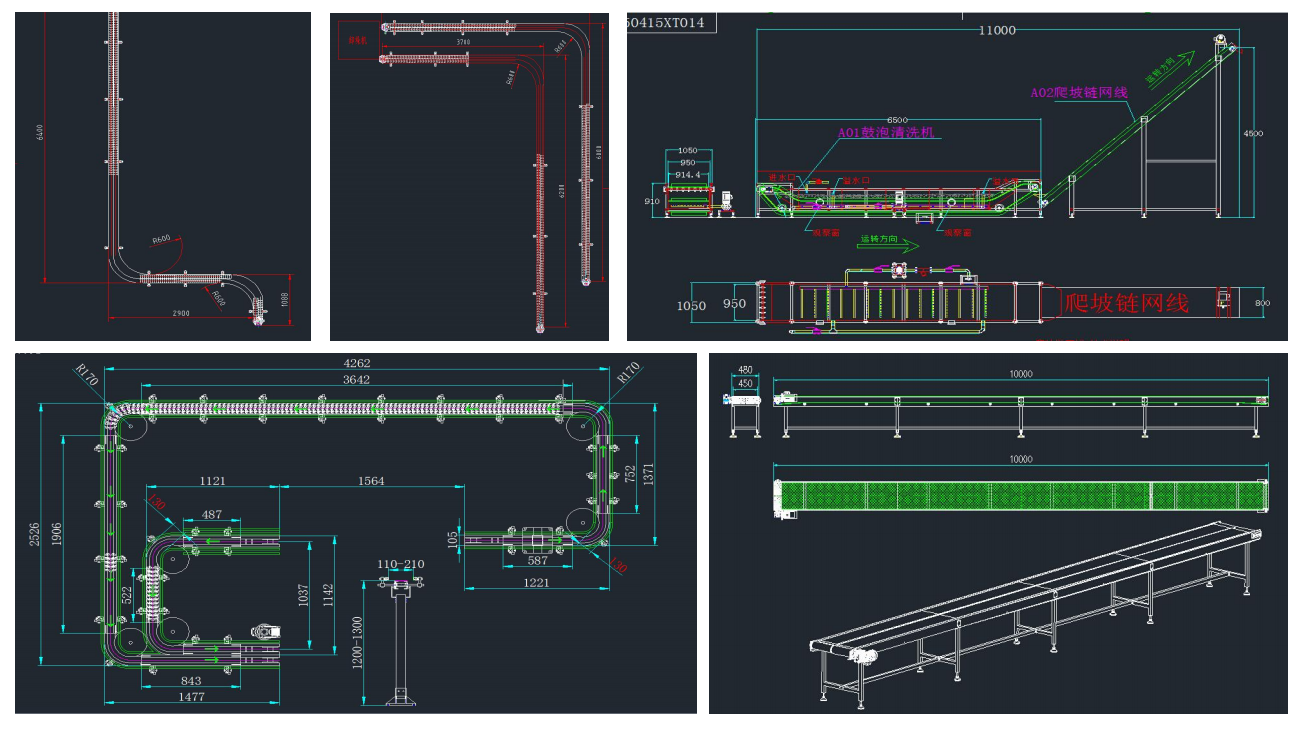 Conveyor system design overview showing belt, modular belt, and chain plate conveyors in a production facility