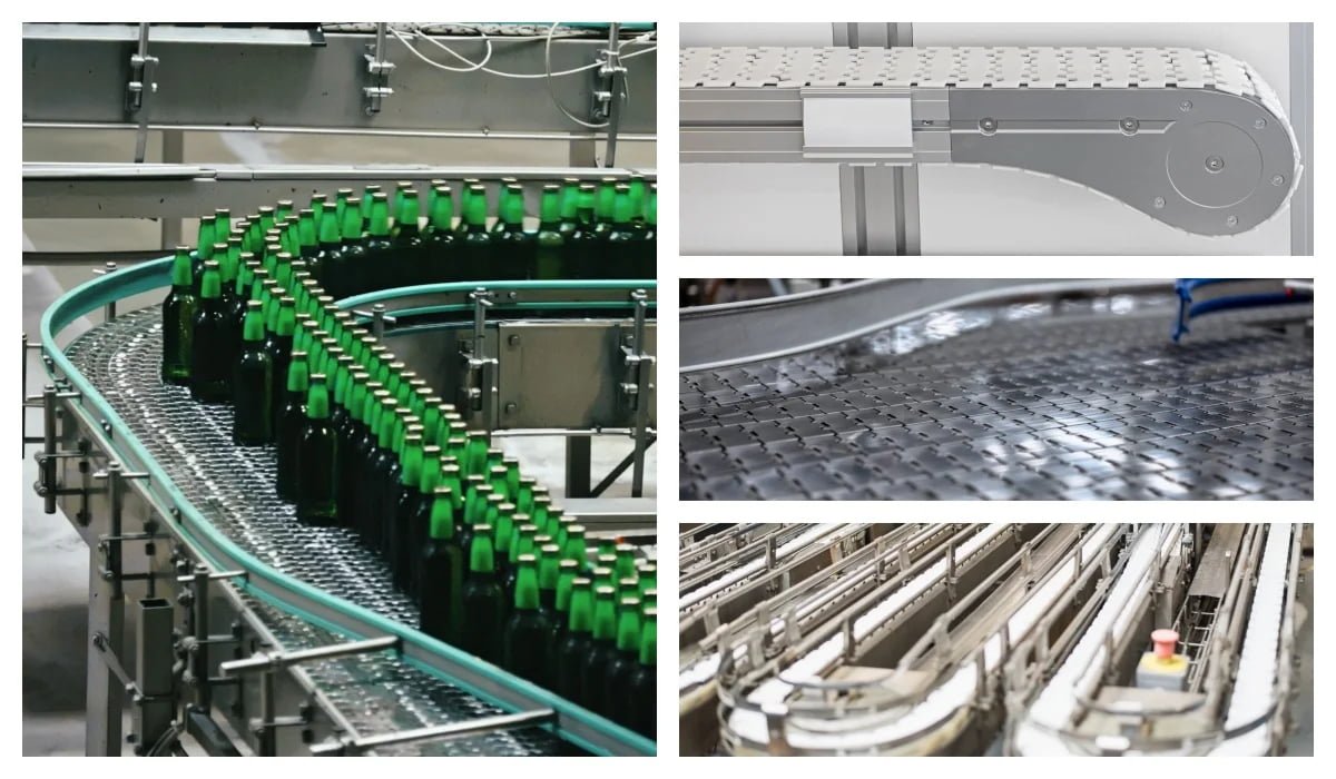 slat chain conveyor overview showing chain plates sprockets and guide rails